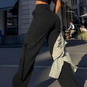 Black Wide-Leg High-Waist Cargo Pants - Women's Urban Streetwear
