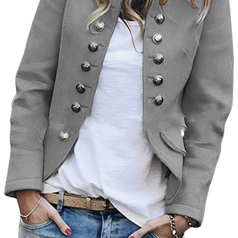 Black women's double-breasted military jacket with silver buttons, stylish autumn fashion, shown in gray, size 5XL