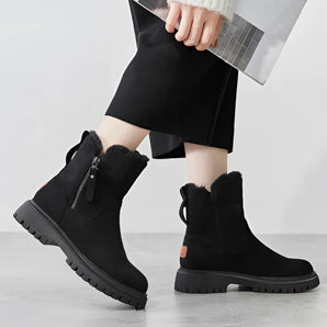 Black women's fur-lined ankle winter boots with chunky sole, featuring a stylish design ideal for cold weather.