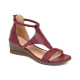 Black women's strappy open-toe wedge sandals in a rich burgundy color, featuring a comfortable and durable design, suitable for fashion-forward occasions.