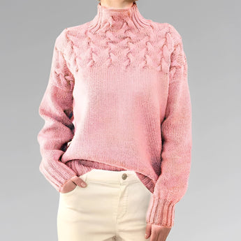 Women's black wool cable knit turtleneck sweater with a rose pink hue, in size 2XL. The sweater features a stylish cable knit design, long sleeves, and a cozy turtleneck, perfect for fall fashion.