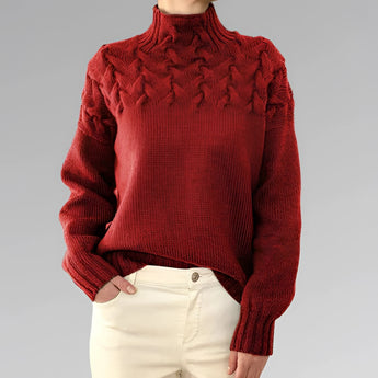 
Image of a women's red cable knit turtleneck sweater in size 2XL, featuring long sleeves and a textured pattern, designed for fall fashion.