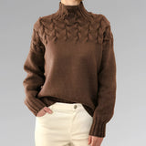 Brown wool cable knit turtleneck sweater for women in size 2XL, featuring long sleeves and a cozy, textured design, ideal for fall fashion.
