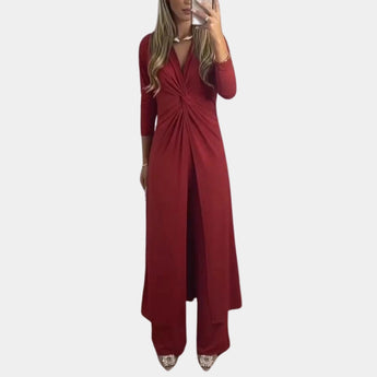 Red wrap V-neck midi dress in size 3XL featuring long sleeves, an asymmetrical design, and a tailored fit that accentuates the waist.