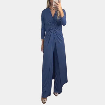 
A blue wrap V-neck midi dress with elegant long sleeves and an asymmetrical hem, designed as a one-piece garment.