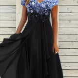Blue and black knee-length floral sequin cocktail dress with a V-neck, modeled in a 5XL size, showcasing intricate sequin detailing.