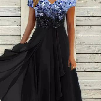 Blue and black knee-length floral sequin cocktail dress with a V-neck, modeled in a 5XL size, showcasing intricate sequin detailing.