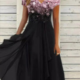 Blue and black floral sequin V-neck knee-length cocktail dress in Black Rose color, size 5XL, featuring intricate sequin detailing, modeled by a person.