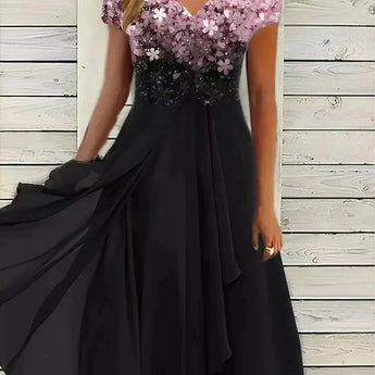 Blue and black floral sequin V-neck knee-length cocktail dress in Black Rose color, size 5XL, featuring intricate sequin detailing, modeled by a person.