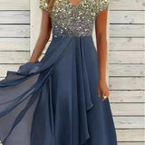 Blue and black floral sequin V-neck knee-length cocktail dress in a blue gold color, size 5XL, featuring intricate sequin detailing and a flattering fit with shoulder coverage.