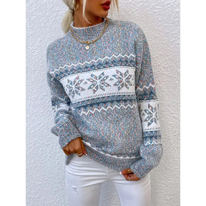 Blue Fair Isle women's wool blend sweater in gray, featuring a winter crewneck pullover style with intricate patterns. The sweater has long sleeves, a comfortable fit, and is shown in size XXL.