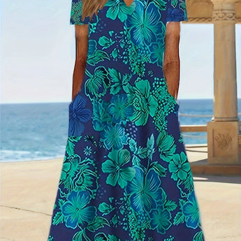 Blue floral knee-length tropical summer dress for women, featuring a casual style with a mix of blue and white floral patterns, suitable for a 2XL size, highlighting shoulder joint and azure hues.