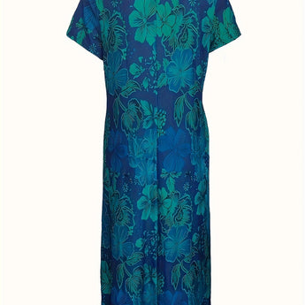 Blue floral knee-length tropical summer dress for women, featuring short sleeves and a rounded collar, in a vibrant azure and aqua color scheme.