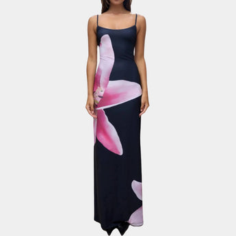 Blue floral maxi dress with spaghetti straps, designed as beachwear summer gown in size 3XL, featuring a flowing one-piece garment with a comfortable fit around the waist and neckline.