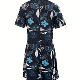 Blue floral print tunic dress with short sleeves, featuring a casual summer style and a vibrant electric blue color.