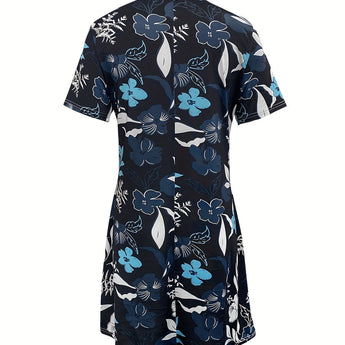 Blue floral print tunic dress with short sleeves, featuring a casual summer style and a vibrant electric blue color.