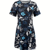 Blue floral print tunic dress with short sleeves, designed for casual summer wear.