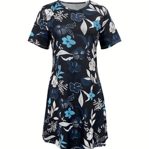 Blue floral print tunic dress with short sleeves, designed for casual summer wear.