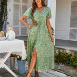 Blue floral V-neck wrap maxi dress with short sleeves, designed for summer and garden parties, shown in a green XL variant.