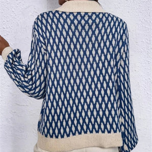 Blue Leaf Vintage Cardigan with Beige Cuffs featuring a retro knit design for women, showcasing a soft jersey textile with long sleeves and a classic collar style.