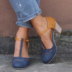 Blue leather Mary Jane heels with two-tone ankle strap, block heels, shown in size 40.