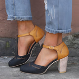 Blue and black leather Mary Jane heels with two-tone ankle strap, block heels, and size 40.