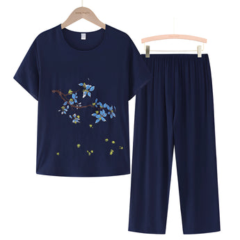 Women's dark blue linen top and floral embroidery blouse with short sleeves, shown in size 4XL.