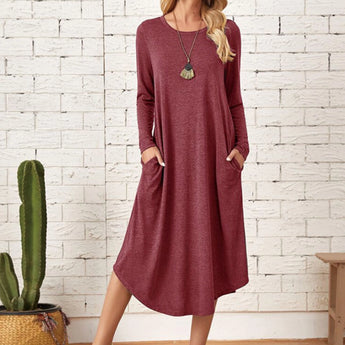 Women's red knee-length casual dress with long sleeves, showcasing a cozy and comfortable design, suitable for everyday wear.