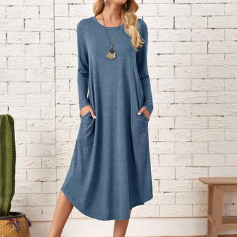 Blue long sleeve knee-length women's dress in size XL, featuring a cozy and comfortable design with a fitted waist and soft fabric.