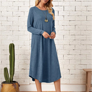 Blue long sleeve casual knee-length women's dress with a comfortable and cozy design, emphasizing the shoulder and neck areas.