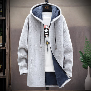 Men's blue urban style thermal fleece jacket with a zip-up front, featuring a light grey color and 4XL size, designed for winter wear with a stylish collar and long sleeves.