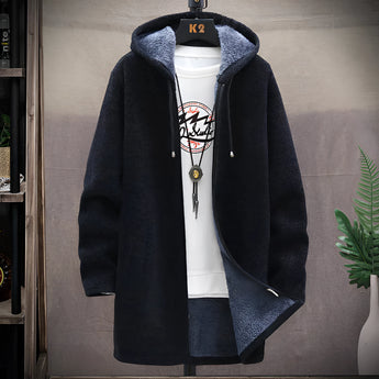 Blue men's urban style thermal fleece jacket with a zip-up front, featuring long sleeves and a high collar, designed for winter wear.