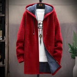 Blue men's urban style thermal fleece jacket designed for winter, featuring a zip-up front, long sleeves, and a high collar. The jacket is displayed on a clothes hanger, highlighting its contemporary fashion design and warm fleece material.