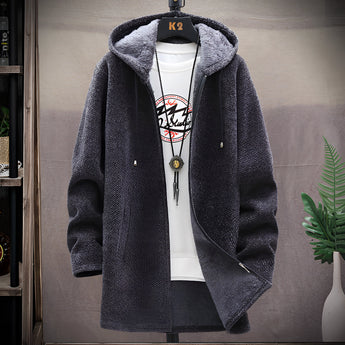 Blue men's urban style thermal fleece jacket with a zip-up design, featuring a dark grey color in a 4XL size. The jacket has long sleeves, a collar, and is suitable for winter wear, blending elements of outerwear and fashion design.