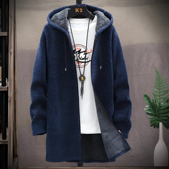 Blue men's urban style thermal fleece jacket hanging on a clothes hanger, featuring a zip-up front, long sleeves, and a collar, suitable for winter wear.