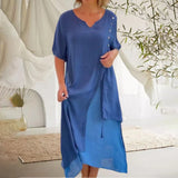 Blue ombre asymmetric tunic dress with draped neckline for women, featuring a stylish midi length and short sleeves, shown in size 3XL.