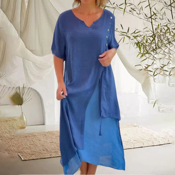 Blue ombre asymmetric tunic dress with draped neckline for women, featuring a stylish midi length and short sleeves, shown in size 3XL.