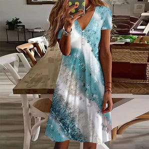 Blue ombre sequin V-neck party dress in size 2XL, featuring a stylish design that accentuates the waist and shoulders, with short sleeves and a thigh-length hem, perfect for summer occasions.