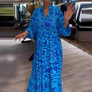 Blue tropical leaf print maxi dress with a V-neck and long sleeves, designed as beachwear in a size 4XL.
