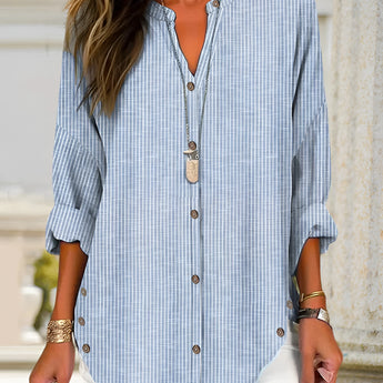 Blue and white striped V-neck women's casual long-sleeve cotton shirt in 3XL size.