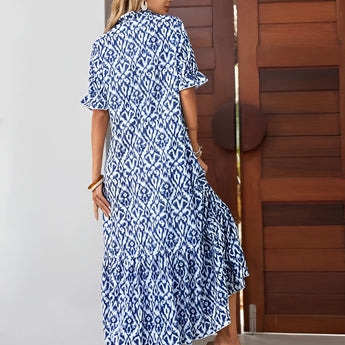 Blue and white V-neck boho maxi dress with short sleeves and a fitted waist, perfect for summer beachwear.