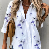 Blue and white floral women's blouse in size 5XL with long sleeves and a lightweight design, perfect for summer wear.