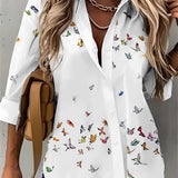 Blue and white floral blouse for women, designed for summer with lightweight fabric, featuring a collared neckline, long sleeves, and a tailored fit in size 5XL.