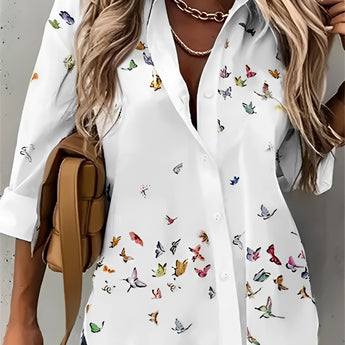 Blue and white floral blouse for women, designed for summer with lightweight fabric, featuring a collared neckline, long sleeves, and a tailored fit in size 5XL.