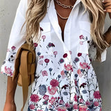Blue and white floral blouse for women, featuring lightweight fabric, short sleeves, and a comfortable fit, ideal for summer.