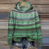 Bohemian Aztec Print Women's Hoodie in a green color, featuring a cozy woolen fabric with a tribal pattern, suitable for winter wear. The hoodie is designed for plus size, available in 6XL, with long sleeves and creative arts-inspired design elements.