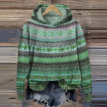 Bohemian Aztec Print Women's Hoodie in a green color, featuring a cozy woolen fabric with a tribal pattern, suitable for winter wear. The hoodie is designed for plus size, available in 6XL, with long sleeves and creative arts-inspired design elements.