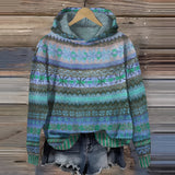 Bohemian Aztec Print Women's Hoodie in blue, featuring a cozy tribal pattern design, perfect for winter wear. The hoodie has a woolen texture with a creative arts touch, displaying a fashionable design with long sleeves and a collar.