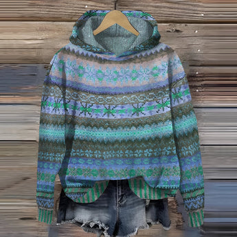 Bohemian Aztec Print Women's Hoodie in blue, featuring a cozy tribal pattern design, perfect for winter wear. The hoodie has a woolen texture with a creative arts touch, displaying a fashionable design with long sleeves and a collar.