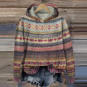 Bohemian Aztec Print Women's Hoodie in Braun, size 6XL, featuring a cozy tribal pattern with shades of purple and grey, full-length sleeves, a woolen texture, and a comfortable collar.